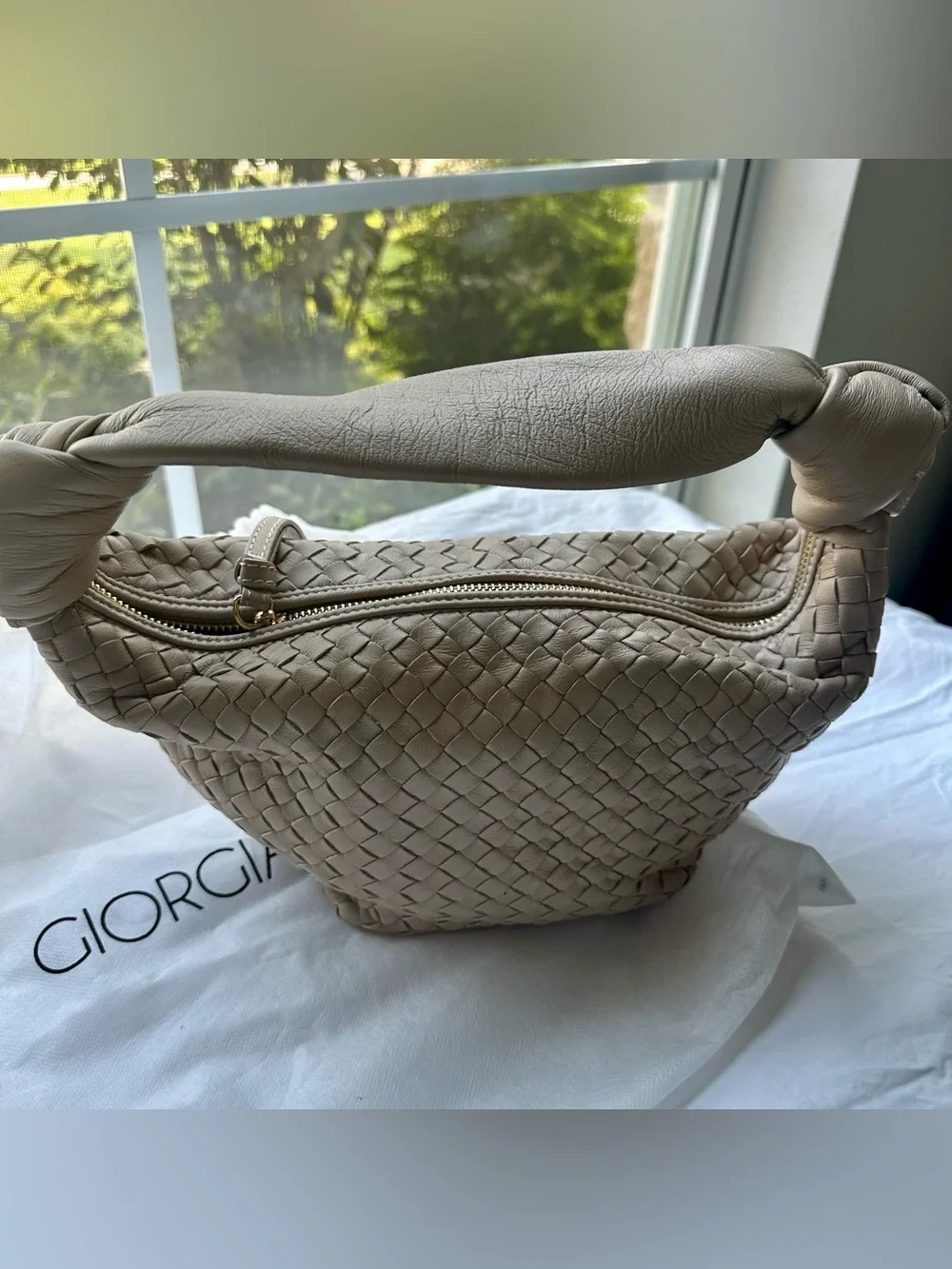 Georgia Milano Leather Woven Crossbody Bag in Taupe